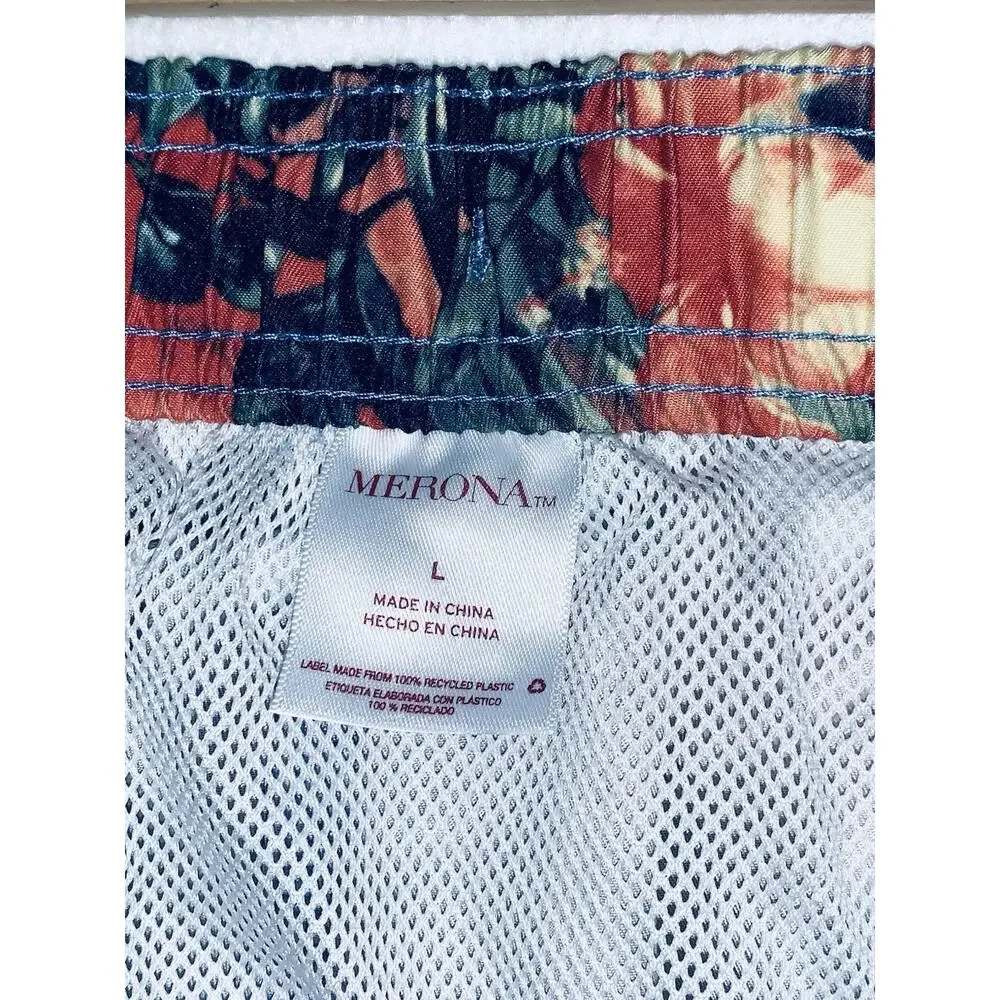 Merona Mens L Blue Orange Beach Aloha Floral Board Shorts Swim Trunks Drawstring